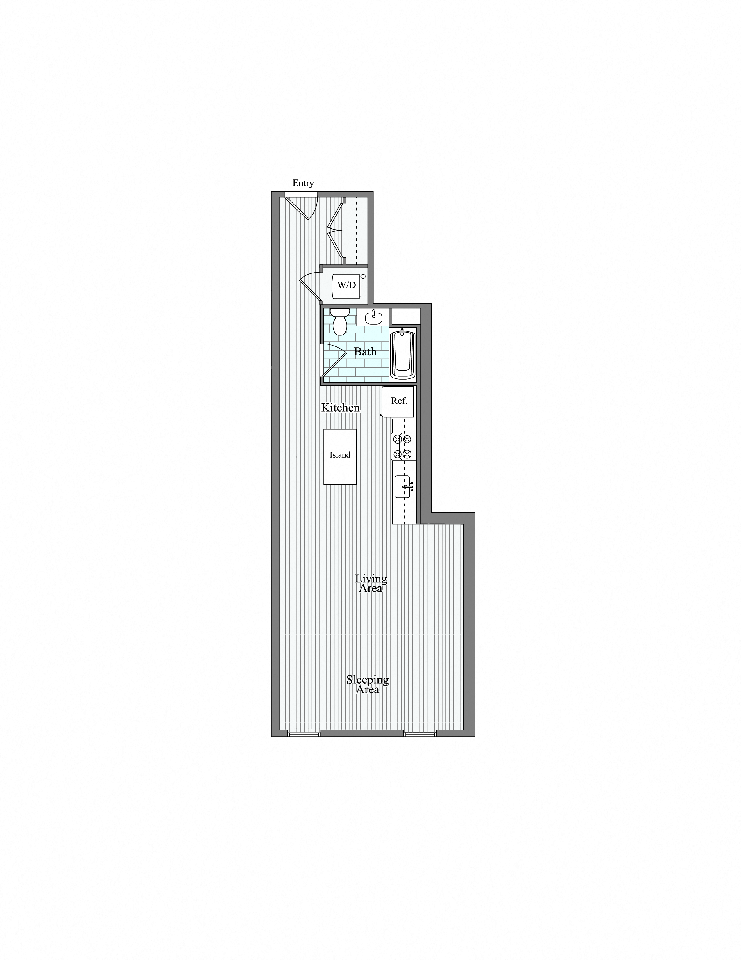 Floor plan for studio, 1 bath, 713 sqft